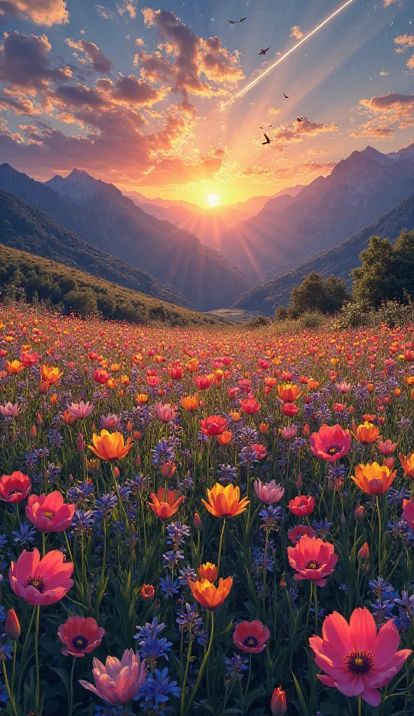 "A breathtaking meadow filled with colorful, vividly illuminated flowers, swaying gently in the breeze. Each petal catches the light, creating a stunning, lifelike display of nature's beauty. In the distance, majestic mountains stand tall against the horiz...