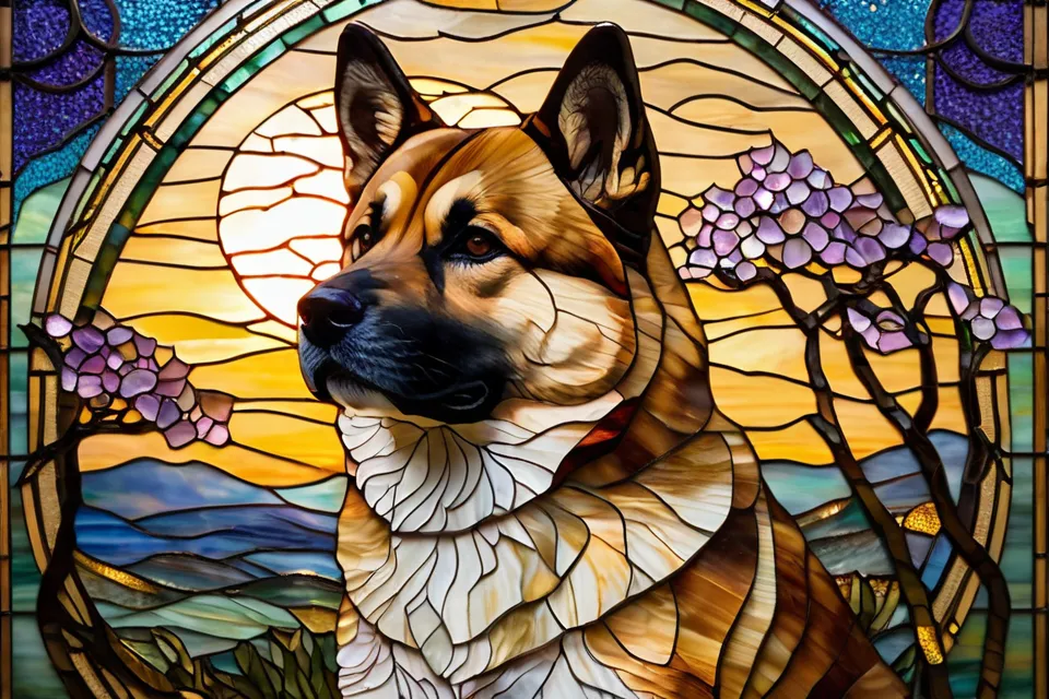 Japanese Akita Inu, Louis Comfort Tiffany Style Mosaic,  shutterstock, Croissant, Stained Glass art, Glowing Plum, golden twilight Stained Glass, maxim verekhin Stained Glass, most beautiful dog , glowing,Japanese Dog, Stained Glass style, Stained Glass wi...