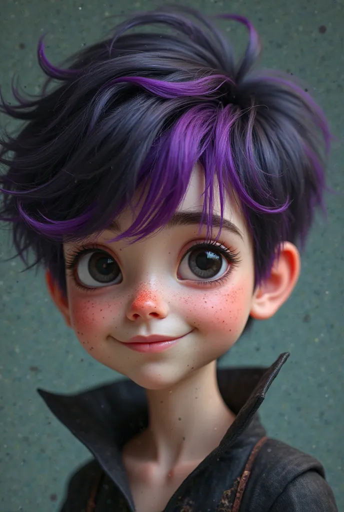 Boy with short hair with volume in black, with a tuft of deep purple colored hair on the forehead,  black sclera , And irises and white pupils, freckles on the cheeks and a silly smile