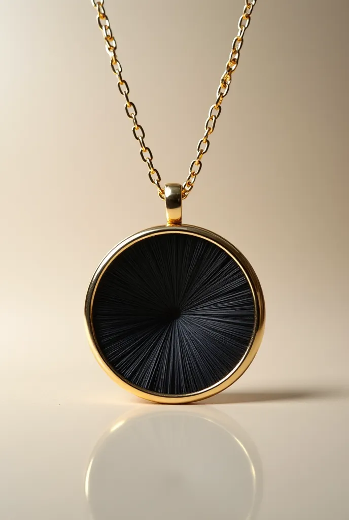 simple gold rimmed circle white pendant with simple design inside using black human hair