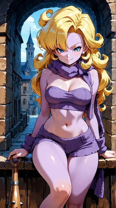 1girl,Ayla from Chrono Trigger, thin build, long hair, looking at viewer, standing, purple furry top, purple furry shorts, purple furry scarf, club in hand, seductive smile, medieval city in background, from the knees up, masterpiece, medium breasts, long ...