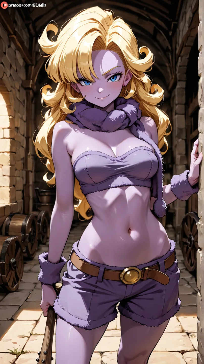 1girl,Ayla from Chrono Trigger, thin build, long hair, looking at viewer, standing, purple furry top, purple furry shorts, purple furry scarf, club in hand, seductive smile, medieval city in background, from the knees up, masterpiece, medium breasts, long ...