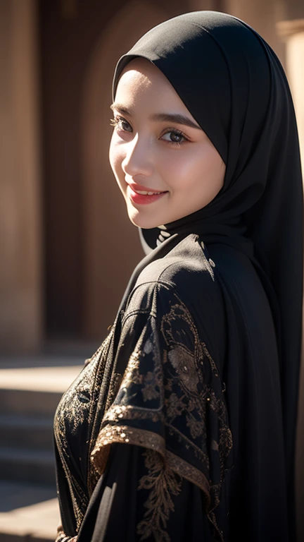 ​masterpiece、1 beautiful girl, 18 years old girls、A detailed eyes 、Puffy eyes、top-quality, 超A high resolution, (Realisticity: 1.4), cinematlic lighting、Japanese、cute girl、 wears arabian dress and hijab、long dress 、black dress、black hijab、 Middle East Beaut...