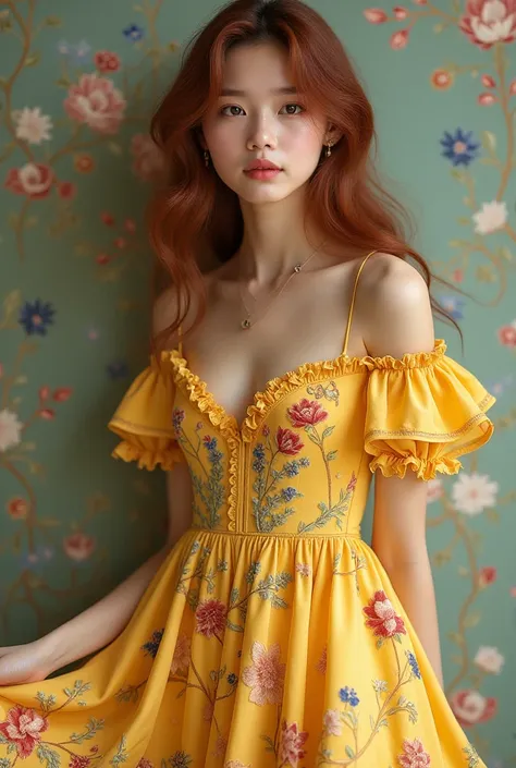  young age woman 、 very young、 has a young face、 hair in maroon、 Gold、Light yellow dress、The frills are layered on top of each other、Even the hem of the dress is embroidered。and her whole body is in the picture、With multicolored colorful threads、Botanical、...