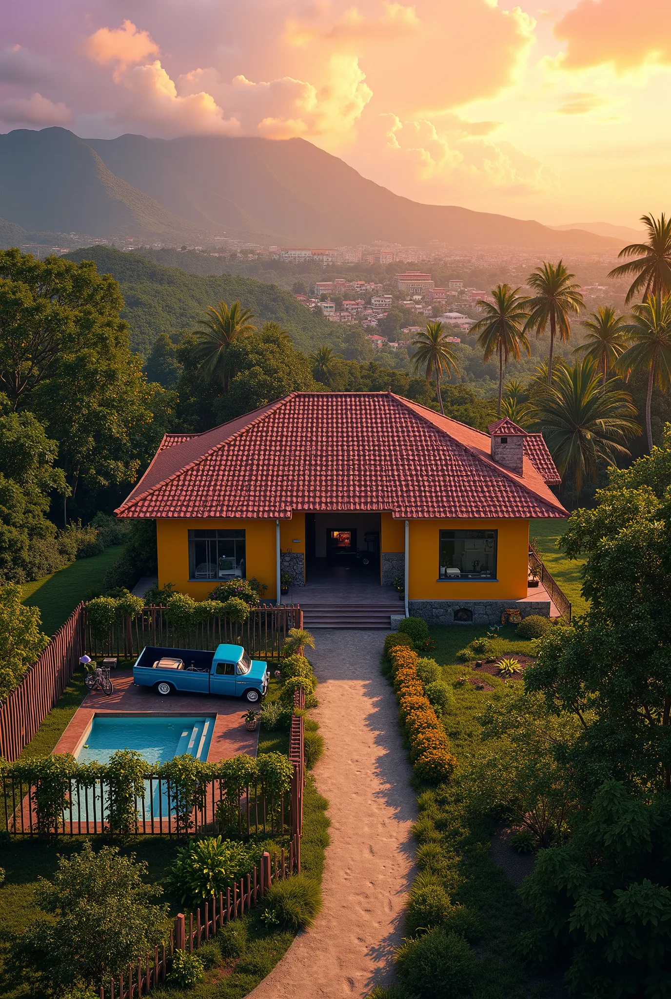 hyper-detailed masterpiece art wallpaper, eye-catching. In the Romantic cinematic scene, Realistic lighting, wide view, high angle bird eyes view. On the softlight morning, sunrising, yellow mix purple light hue. The Cuba tropical style style colorful 2-st...