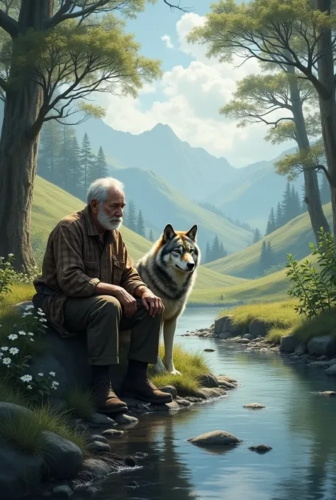 old man fishing beside the stream sitting with the wolf