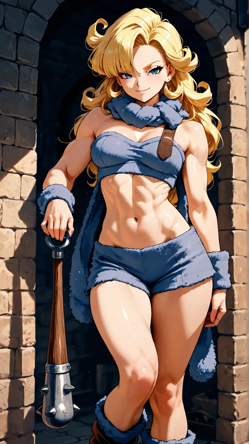 1girl,Ayla from Chrono Trigger, muscular build, long hair, looking at viewer, standing,  furry top, furry shorts,  furry scarf, club in hand, seductive smile, medieval city in background, from the knees up, masterpiece, medium breasts, long hips, thin hips...