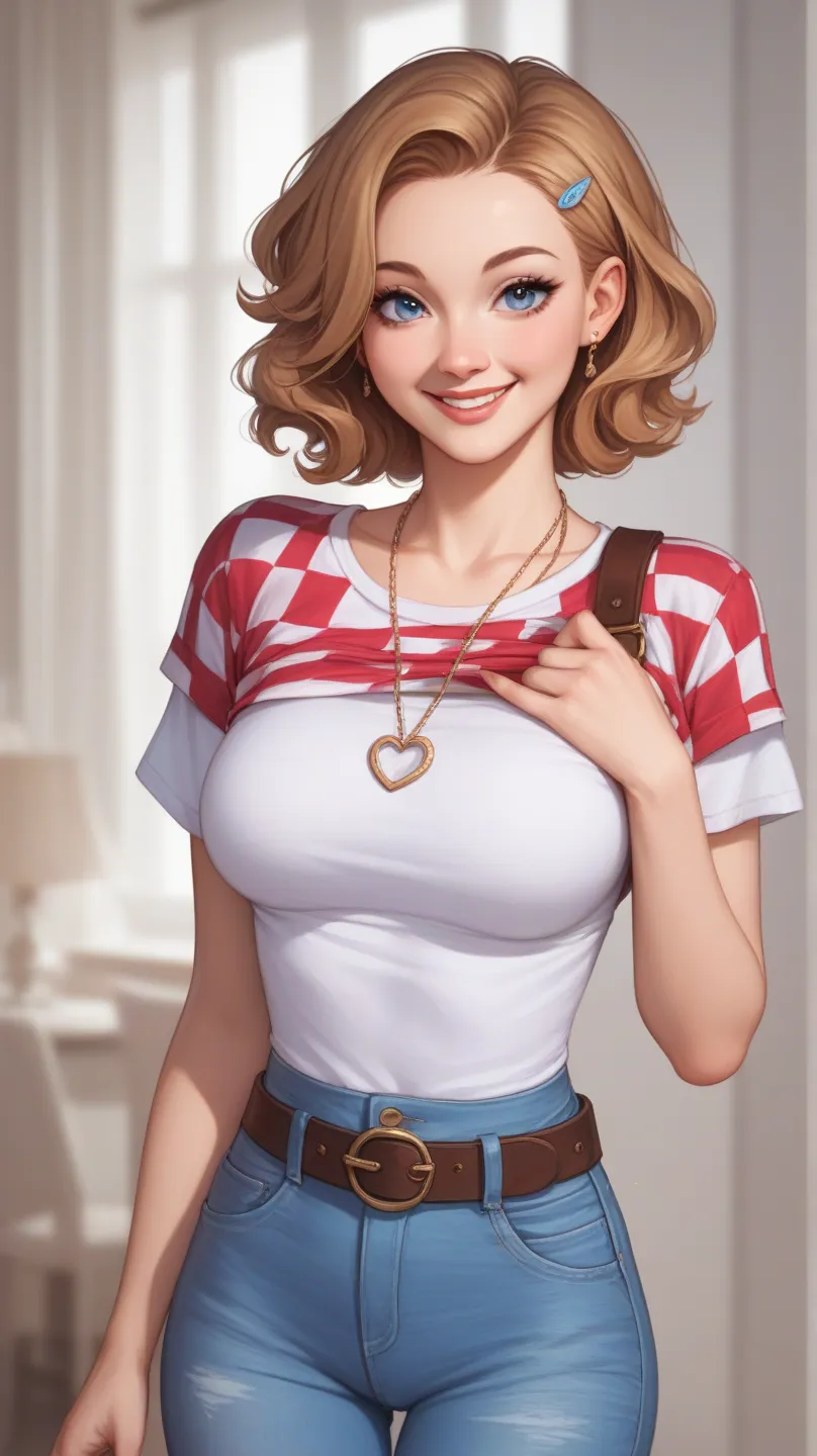 a lively young woman with short hair, of shoulder length,  pants .  Her hair has a slightly wavy style and wears a small pink X-shaped clip. She has a light complexion and rosy cheeks, that accentuate her cheerful and sweet expression. His eyes are big,  b...