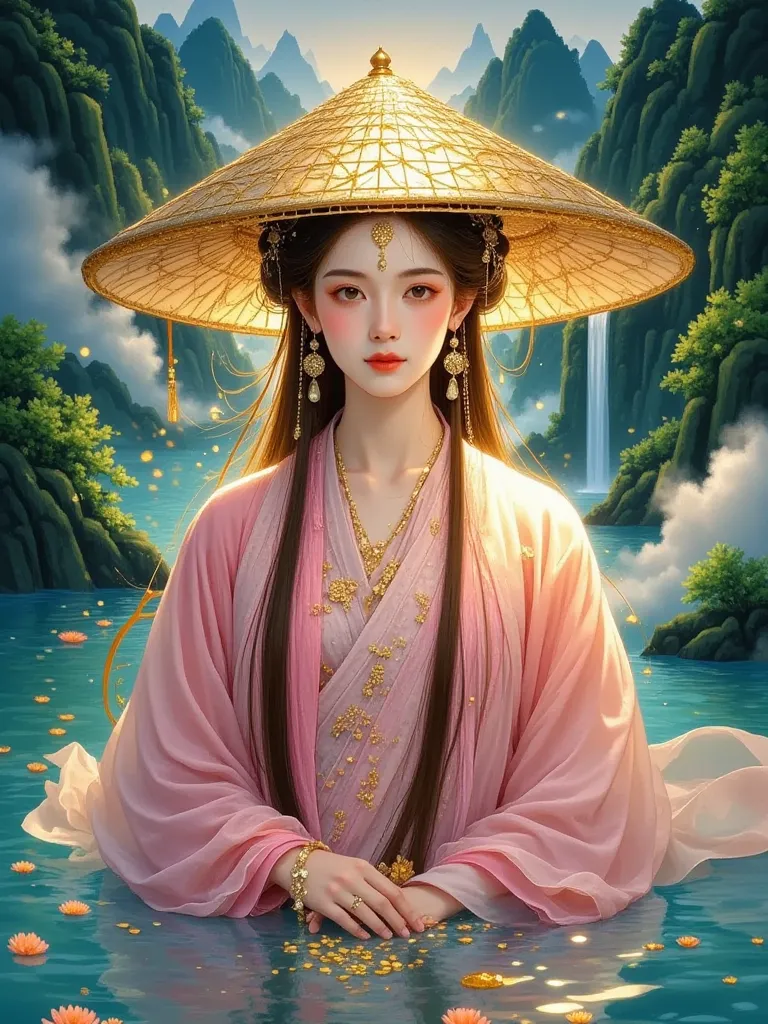  1girl , 国潮water墨风，The picture uses the flow of consciousness to create a Zen feeling，Wearing a Pilu hat，于山water间打坐。surrounding the clouds like dynamic ink marks，远处山峦与潺潺流water勾勒诗意背景。The hat has a delicate texture，using special effects of light and shadow，a...