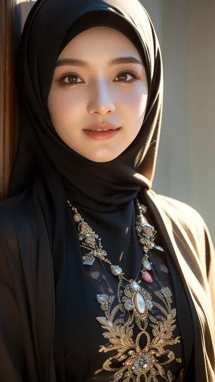 ​masterpiece、1 beautiful girl, 18 years old girls、A detailed eyes 、Puffy eyes、top-quality, 超A high resolution, (Realisticity: 1.4), cinematlic lighting、Japanese、cute girl、 wears arabian dress and hijab、long dress 、black dress、black hijab、 Middle East Beaut...