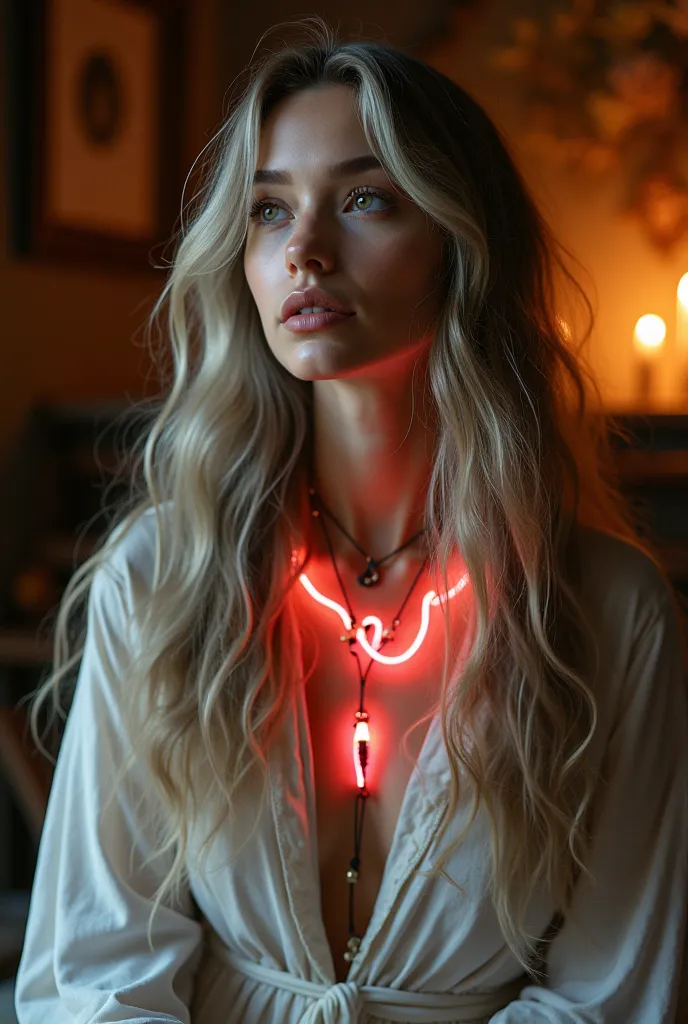 Give me a young woman with white skin ( 25 years old)  With long gray blond hair, With clothes from antro , in a den, with some florescent necklace