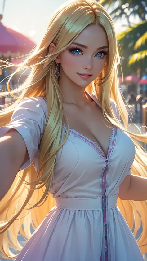 (best quality,ultra-detailed,photo-realistic:1.37),bright and vibrant colors,studio lighting,playful expression,stylish makeup,long blonde hair flowing in the wind,alluring eyes,glossy lips,sexy pose,preppy look, Amusement Park, smiling in a confident and ...