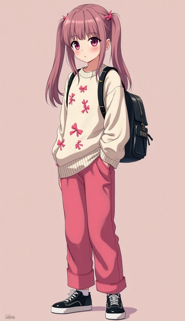 Japanese anime age woman with long smooth dark ash pink hair with two pigtails and short locks and intense magenta eyes and wears a cream-white long-sleeved sweater with pink ribbon prints and loose fitting vibrant pink pants.. He wears shiny black shoes w...