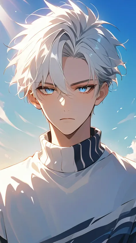 one, eyes, man, white black and yellow sweater ,  blue eyes,     direct facial treatment    ,  short white hair, spiky and disheveled,  white sweater with light black stripes and gradients , sunlight, Warm Light,  anime style