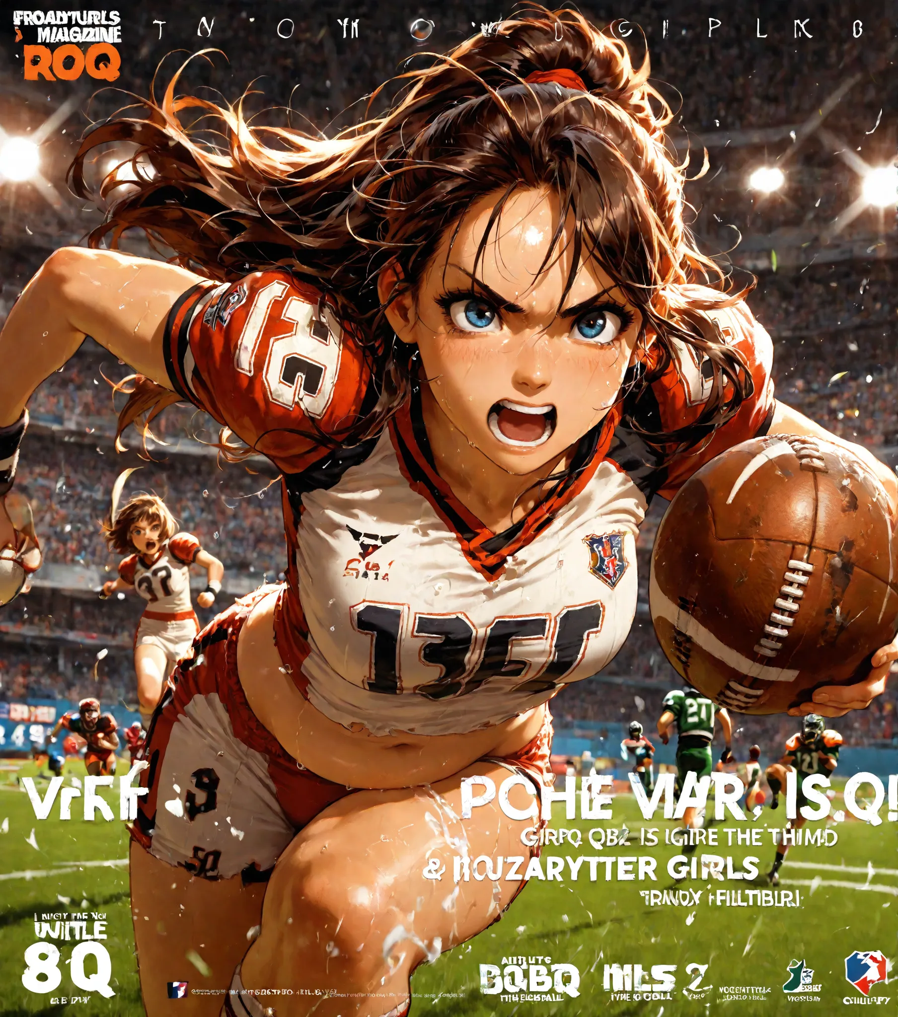 4K, NFL BIG, A group of girls, American football Team, NFL female, chubby beauty girls, girls footballers, one of them. (The QB) Is holding the football's ball, running, in a Stadium, ready for touchdown, Wearing footballers clothes, Very well detailed, NF...