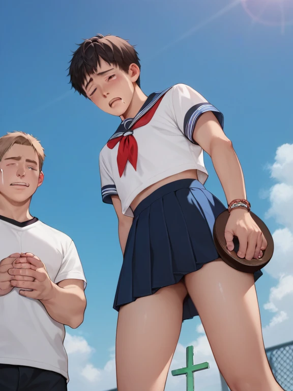  score_9,  score_8_up,  score_7_up,  score_6,  score_5_up,  score_4_up，anime break，nsfw，  uncensored，2000 Asian boys with short hair wearing realistic pink miniskirt sailor suit are crucified, tears, skirt, anime, It's all sad, from below,