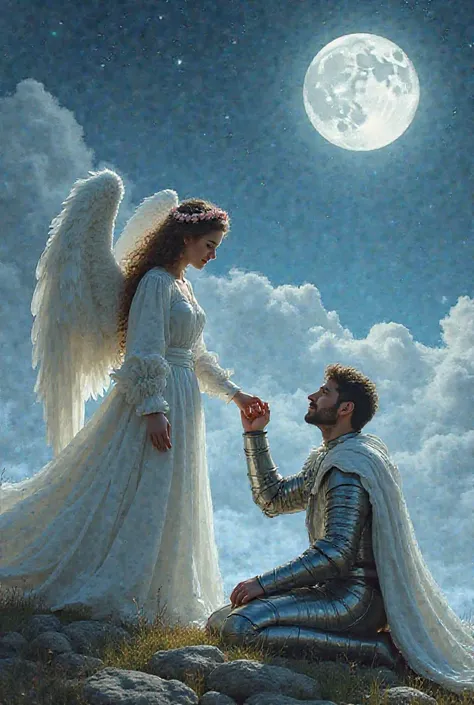 Make me an angela dressed in white with white wings and a crown of pink flowers, with very curly hair , is above the sky lying in clouds extending my hand downwards wanting to hold the hand of a gentleman in full silver armor from head to toe, And it has a...