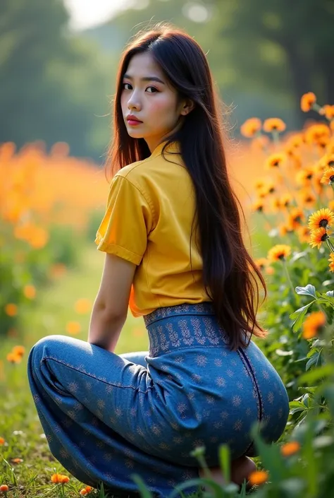 RAW photos, A small Asian woman with long hair ,Squatting ,full body shot,  rare view , viewers are supported ,from back, (Panty line),가장 big ass, Flutter your hips ,두꺼운 엉덩이, large hips , butt emphasis on women,detailed, realistic, rare view , looking from...