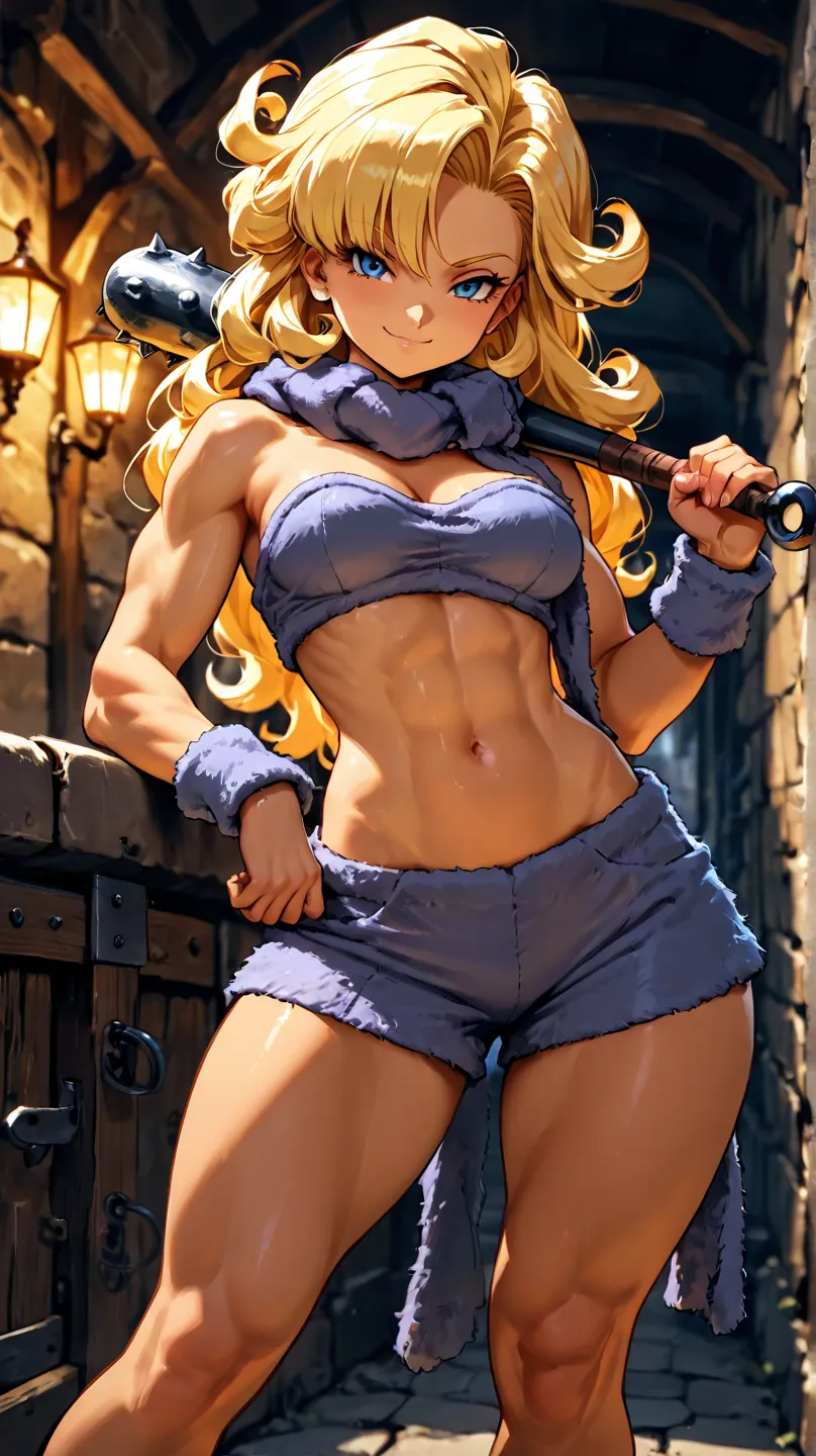 1girl,Ayla from Chrono Trigger, muscular build, long hair, looking at viewer, standing,  furry top, furry shorts,  furry scarf, club in hand, seductive smile, medieval city in background, from the knees up, masterpiece, medium breasts, long hips, thin hips...