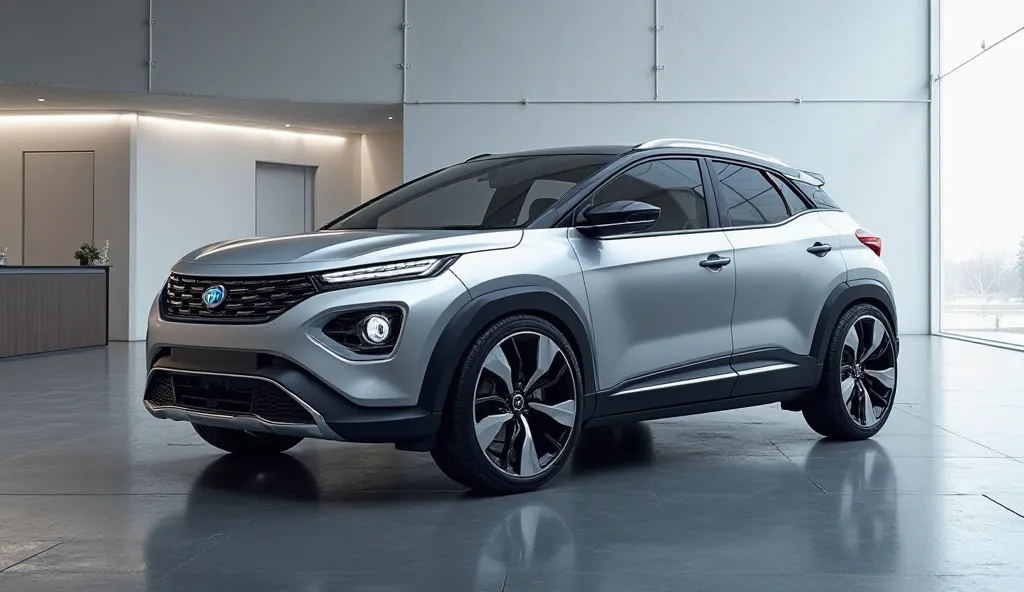 Tata Nexon 2025 Silver color in a showroom  right side.