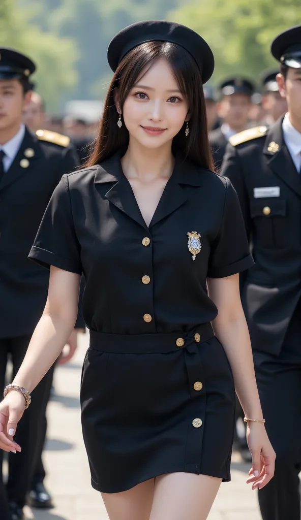 beautiful woman, 28 years、hyperdetailed face、Detailed lips、A detailed eye、double eyelid、(Smiling while walking gracefully down military camp)、(black Stewardess uniform with rank in both shoulder:1.2)、((mini skirt:1.5)) (voluptuous body)、（curvy body）（curvy ...