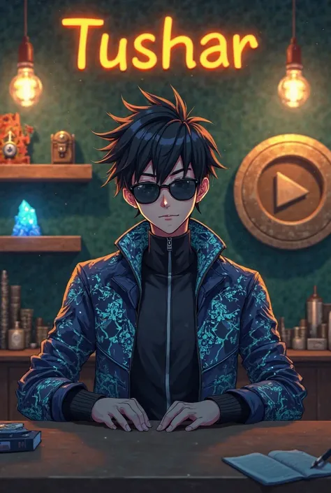 "A young male anime character sits at a modern desk, wearing a sleek futuristic jacket in an amazing and unique color with glowing circuit patterns. He has spiky black hair and wears dark sunglasses, giving him a cyberpunk-inspired look. The background fea...