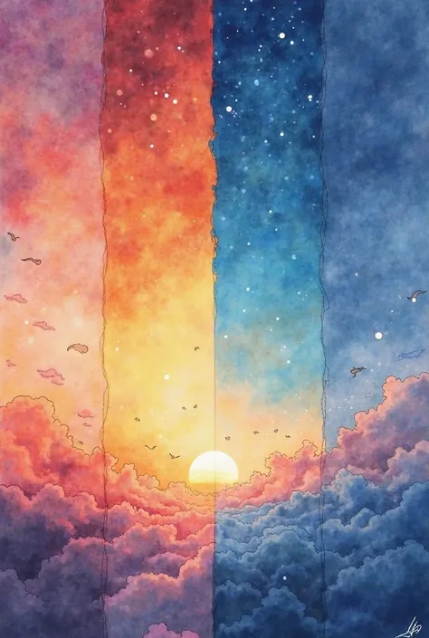 

Sky with foreground watercolor painting of day, sunset, night, and dawn, side by side