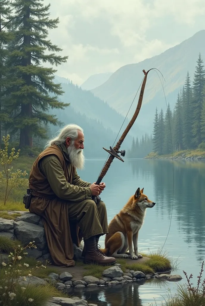 old man is  fishing with the fish bow beside the lake sitting with the wolf together