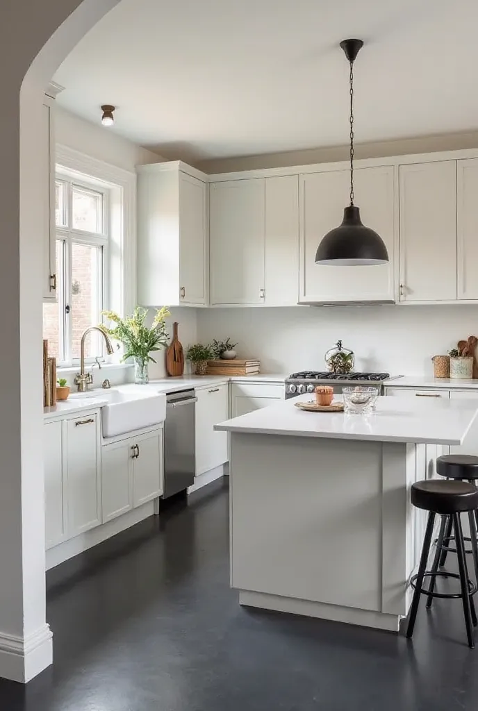 dark grey floor and light grey matte walls in the kitchen White or Off-White: This creates a bright and airy feel, providing a strong contrast against the grey elements. It's a classic choice that always looks clean and fresh. Off-white can add a touch of ...