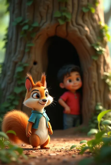 Billo (a small, fluffy squirrel with golden-brown fur and a bushy tail) leads Zara (a cute young girl in Pixar-style 3D, with big hazel eyes, tousled dark hair, fair skin, and wearing a light blue shirt) and Ali (a playful boy with short black hair, bright...