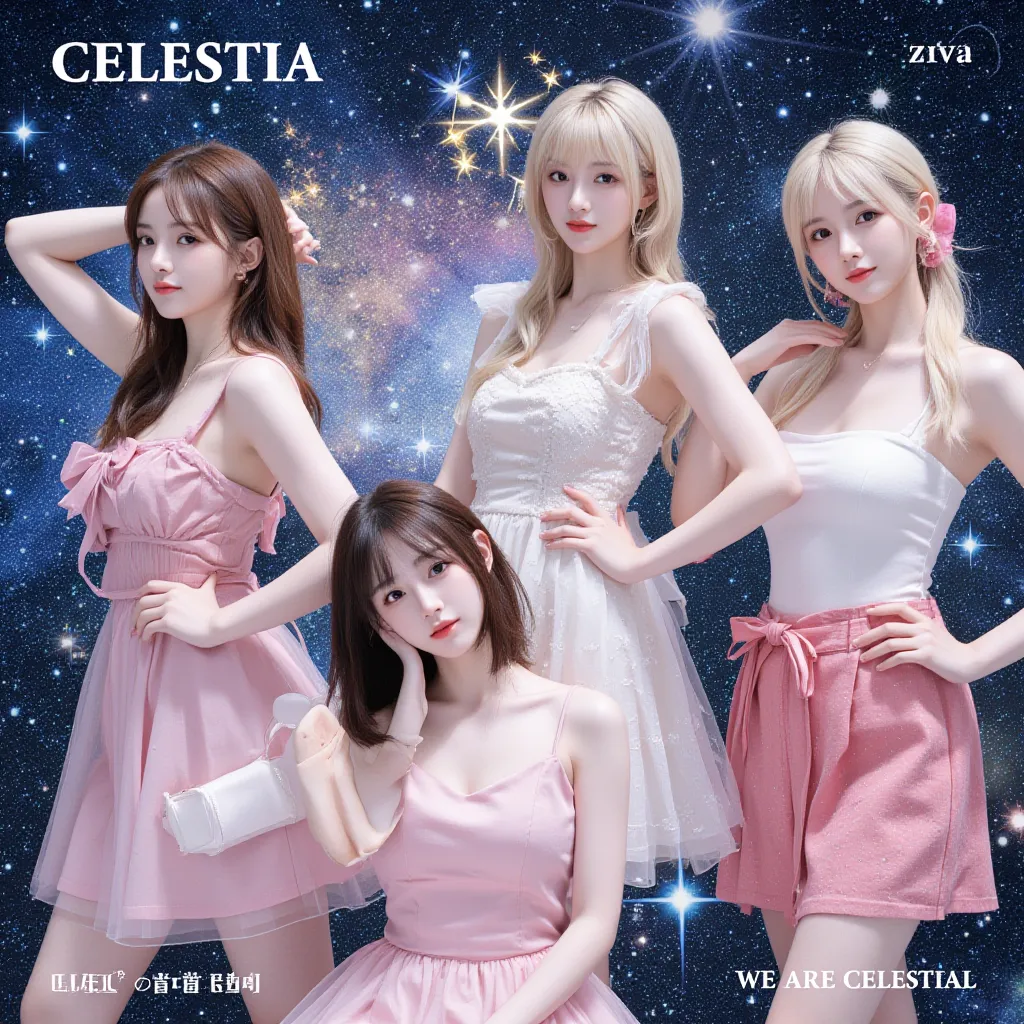 Kpop mini album cover for a girl group named ‘ CELESTIA ‘ the tracks are 1) You, my star 2) our little world 3) Gotta get you 4) Talkin that talk (Seoyon Solo) 5) what you see (Ara-Mae solo) 6) we are CELESTIAL