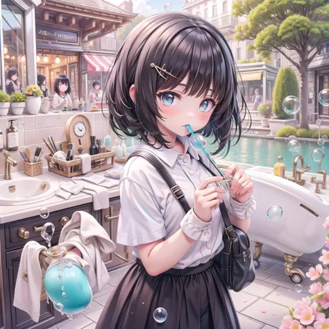 Cute  blowing straw, making soap bubbles, bob cut, black hair, white shirt, skirt, daytime in park