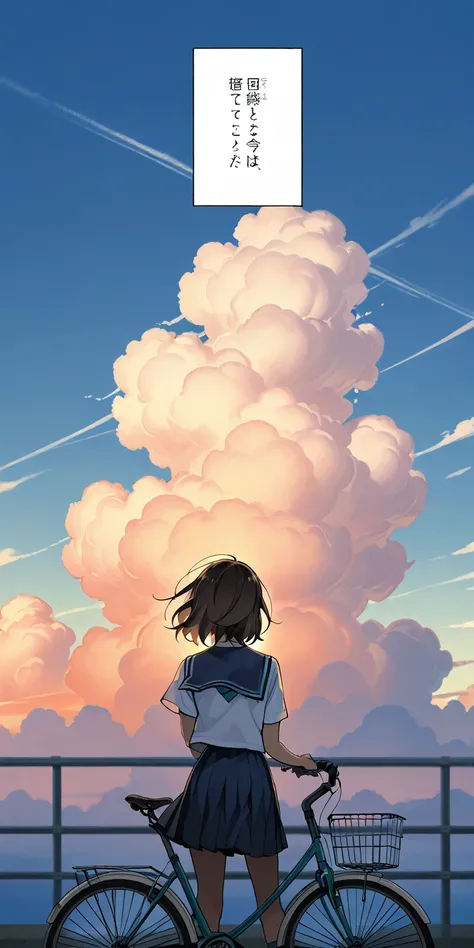 High writing precision, no crushed frames, high precision in the finish of each and every frame, Makoto Shinkai art style, a high school girl in a sailor uniform riding a bicycle up a hill, a summer afternoon, a slope in a port town, the sea is visible, sm...