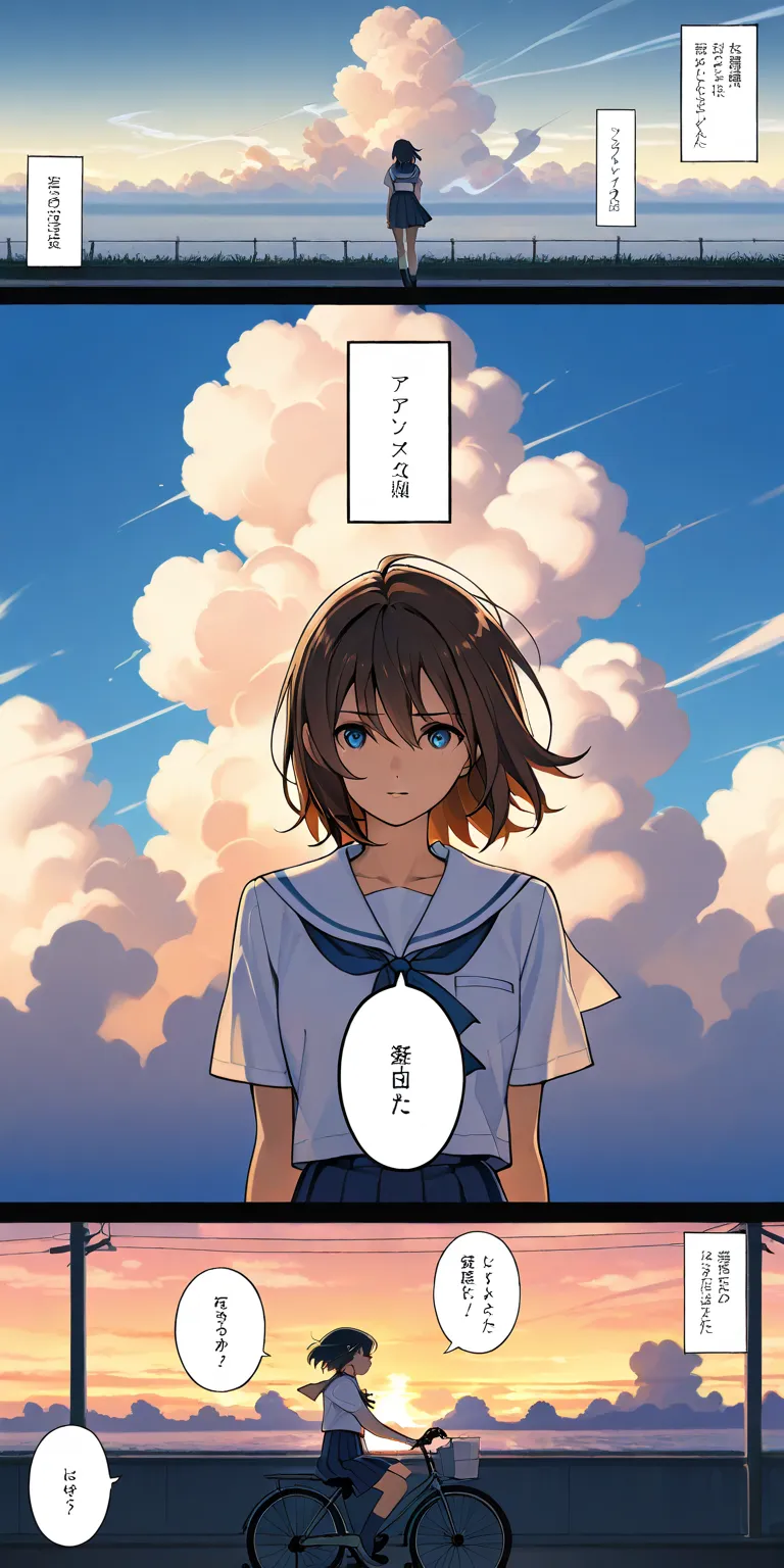 High writing precision, no crushed frames, high precision in the finish of each and every frame, Makoto Shinkai art style, a high school girl in a sailor uniform riding a bicycle up a hill, a summer afternoon, a slope in a port town, the sea is visible, sm...