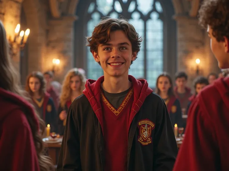 Tom Holland, actor de spiderman, house at Hogwarts in the Harry Potter universe, as a member of the Gryffindor, participating in a compliment competition, In which there are men and women