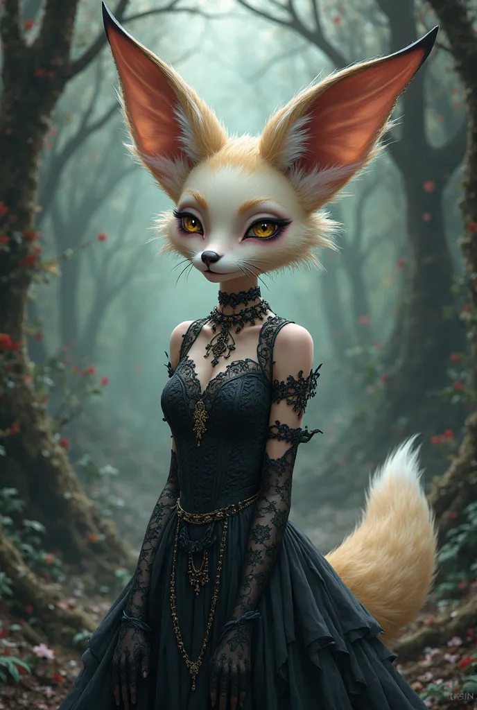 An anthro fennec cartoon drawing who's female and wearing gothic attire