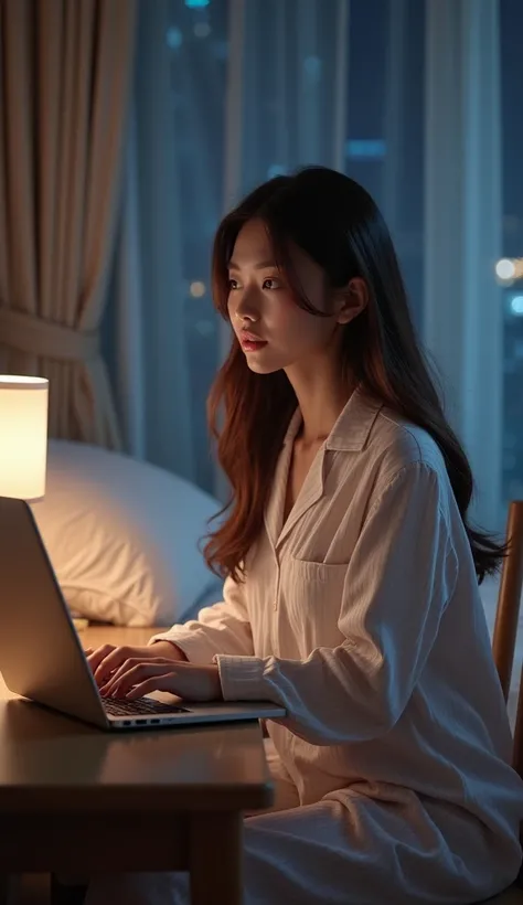 (Realistic, sharp, high-resolution image)
Asian woman, 20 years old
Beautiful face, oval shape, sexy figure, big eyes, brown long hair
Wearing pajamas
Sitting at a desk with a laptop
Nighttime atmosphere in the bedroom
(Camera angle, looking at the side
A ...