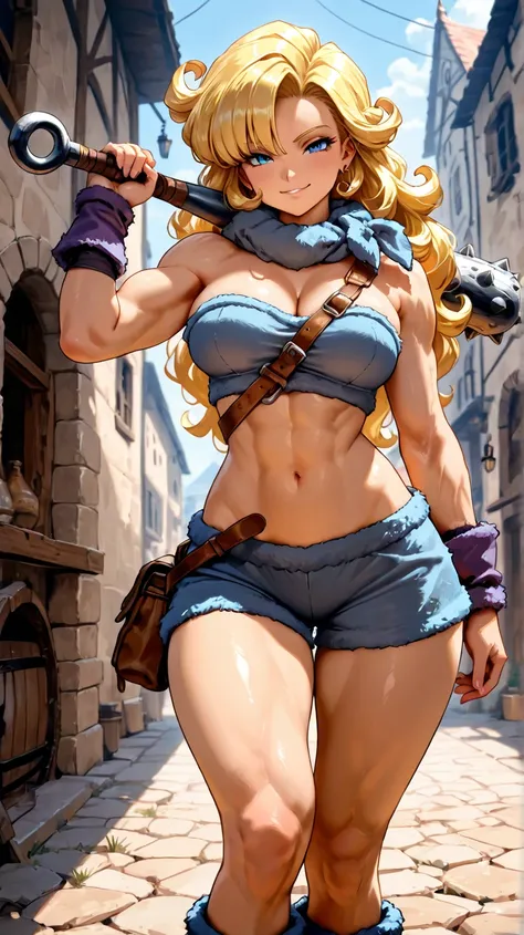 1girl,Ayla from Chrono Trigger, thin muscular build, long hair, looking at viewer, standing,  furry top, furry shorts,  furry scarf, club in hand, seductive smile, medieval city in background, from the knees up, masterpiece, large breasts, long hips, thin ...