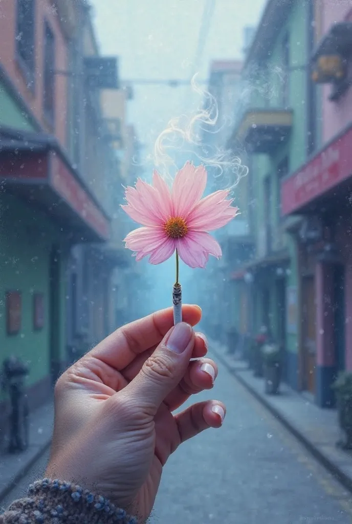 "A pastel painting of a realistic hand holding a cigarette in an urban alley. Instead of normal smoke, a delicate, ethereal flower-shaped smoke rises from the cigarette. The scene has a dreamy, melancholic atmosphere with soft pastel textures and colors, m...