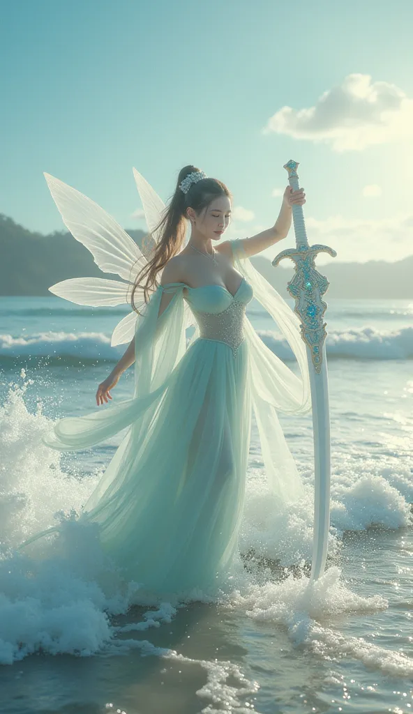 Screen subject：Perfect body ratio、, fairies with delicate, white, lantern-like jade stand made of sacred wood、The sword has a unique texture、sword handle with blue diamonds and surrounded by starry white fog
Scene atmosphere： the surface of the sea is spar...