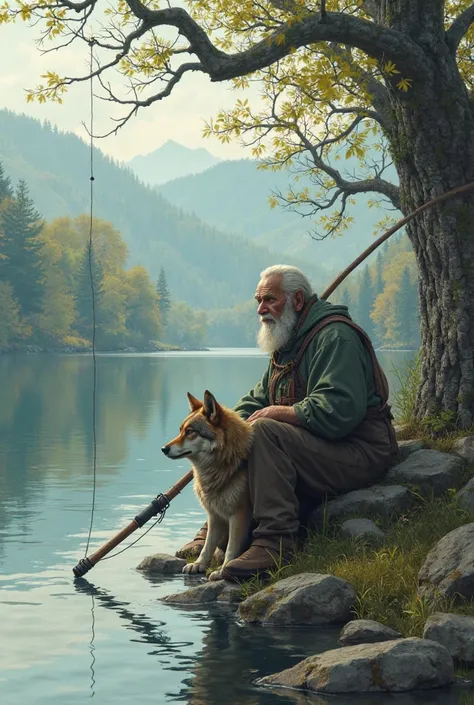 old man is  fishing with the fish pole beside the lake sitting with the wolf together. The fish is already catch in the fishing pole.