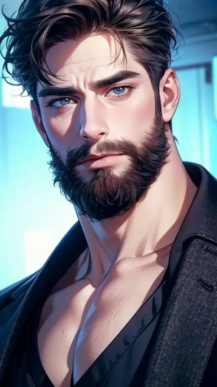 (  Idiot ,4K,8k,    highres,  masterpiece:1.2),  ultra-detailed,(Realistic,photoRealistic,photo-Realistic:1.37),36-year-old man,3 day beard,cute anime ,Portraits,strong,masculine,    dark hair,sharp jaw,        mesmerizing eyes        ,    perfectly combed...