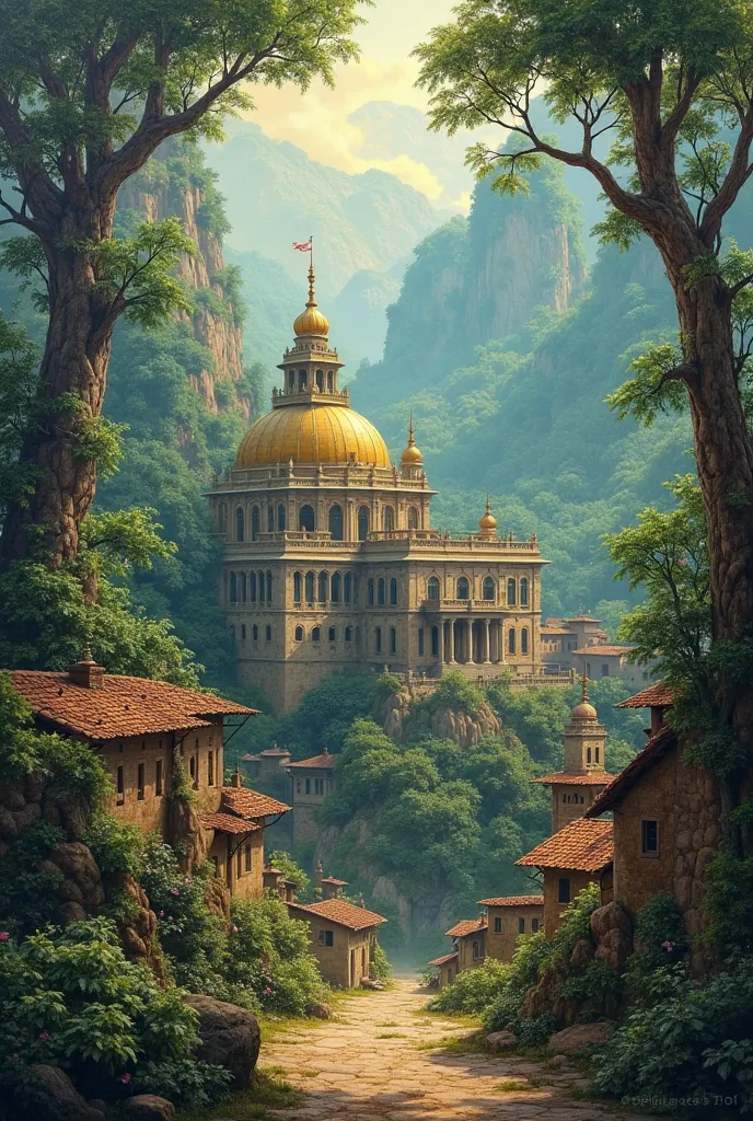 landscape high definition oil painting jungle in the background, medieval town in the front with some poor clay huts one temple of light with a golden dome in the background