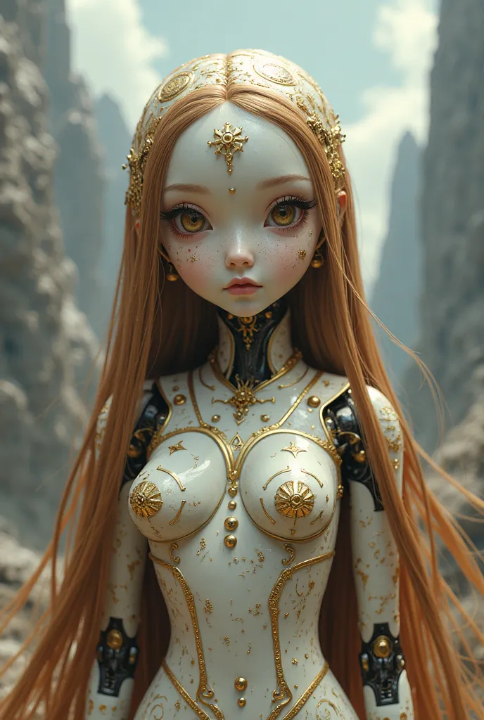 Anime kintsugi doll , robotic, brown-gold hair, wizard, fantasy