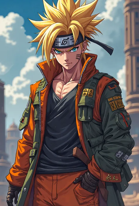 A character wearing spects having looks like Naruto goku and grand zeno wearing a stylish outfit and seems cool and awesome 