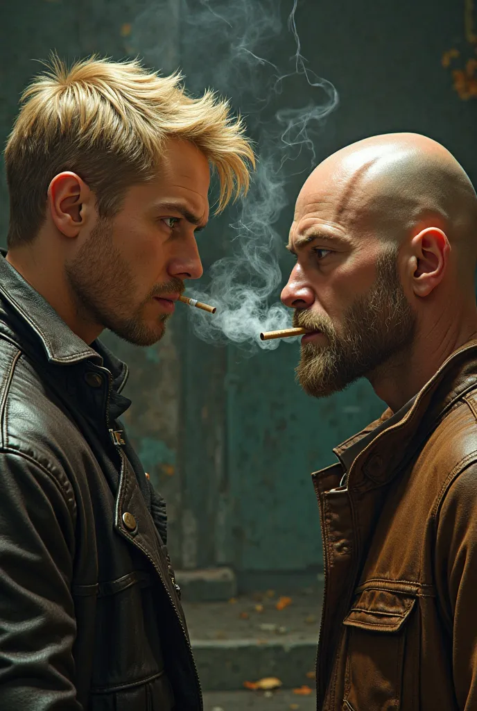 A blond man with green eyes wearing a leather jacket is teaching another bald man to smoke.