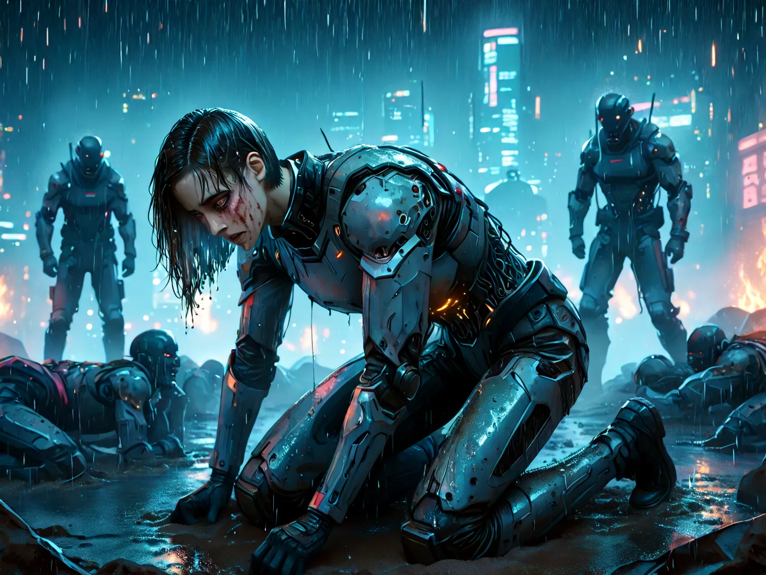 crying cyberpunk female, short bob cut, dark rimmed eyes, kneeling holding the limp body of a cyberpunk male, raining, wet hair, bloody face, body armored, kneeling on a muddy battlefield, flames, craters