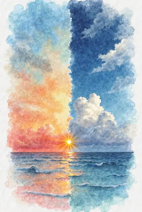 

Sky with foreground watercolor painting of day, sunset, night, and dawn, side by side in that order