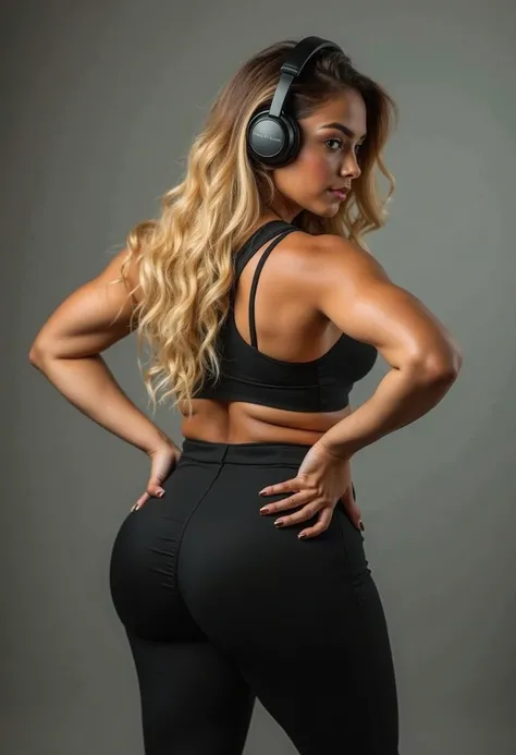 blond woman in tight black pants and headphones posing for a picture, thicc, pawg, toned derriere, thick thigs, fit pic, in a gym, photo from the back, thick, big booty, working out, thicc build, thick thighs, beautiful thick female, thick body, curvy acce...