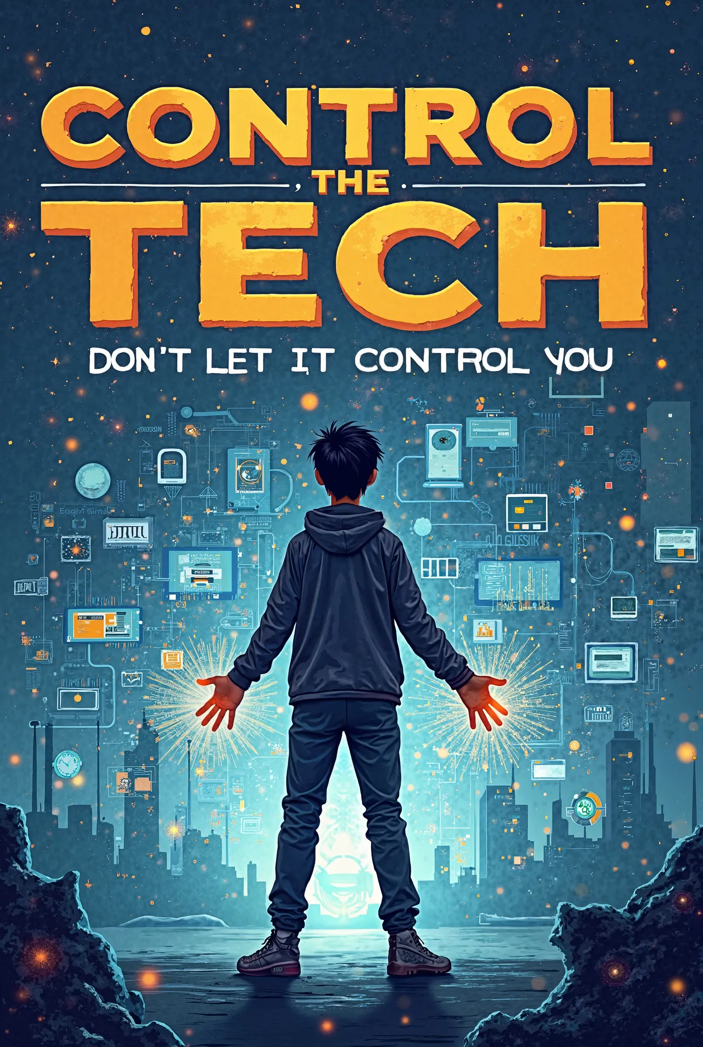 make a school project like slogan art entitled "control the tech, don't let it control you"